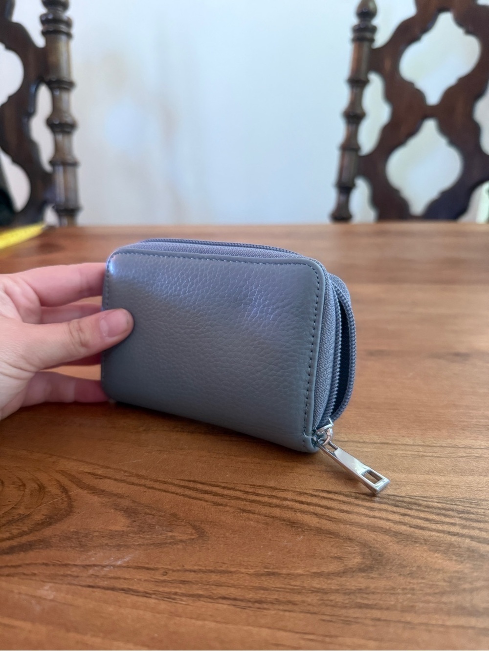 Compact Gray Leather Zip Card Wallet
